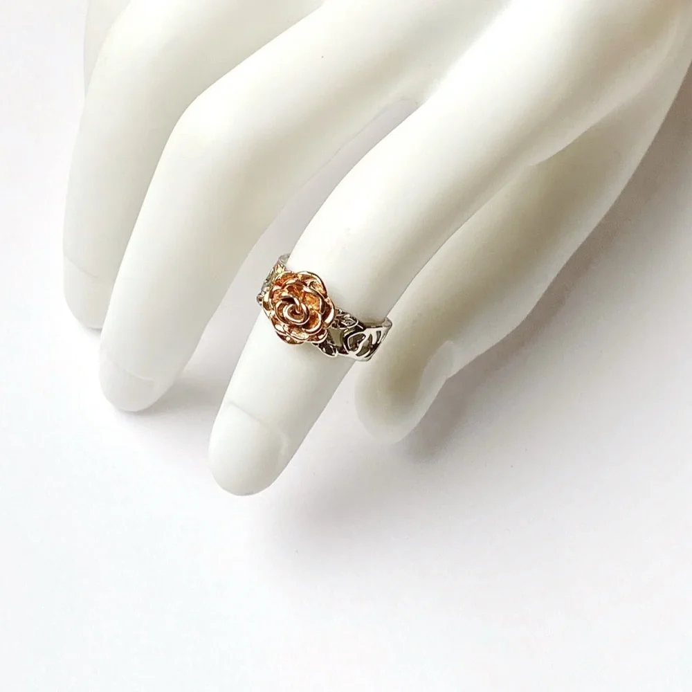 Sterling Silver Rose Ring Rose Gold Plated Flower Open Scrollwork Size 6 1/2